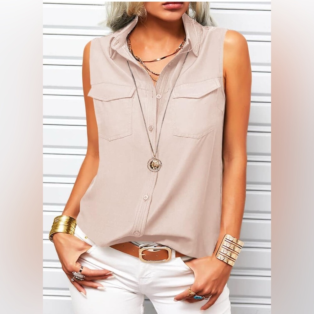 Apricot Solid Sleeveless Tank Top Summer Button Down Shirts Office Ladies Shirt